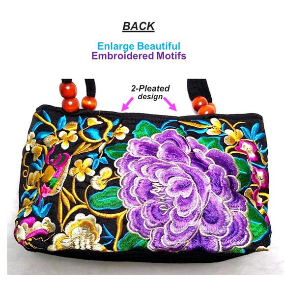 Embroidery Satchel Floral Rabbits Black Purple Canvas Tote Zip Top Handle Lined - Picture 5 of 12